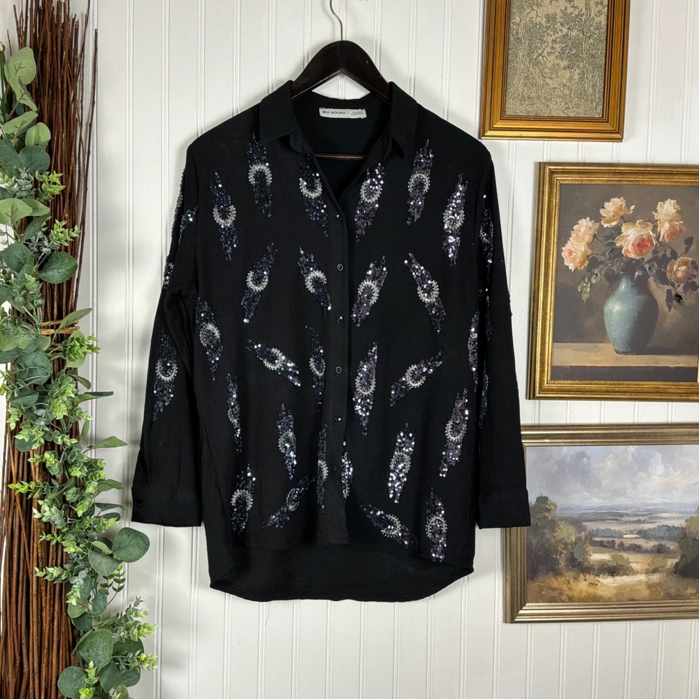 Mia Noura Button Up Shirt Womens Oversize Black Excellent Sequin Embellished